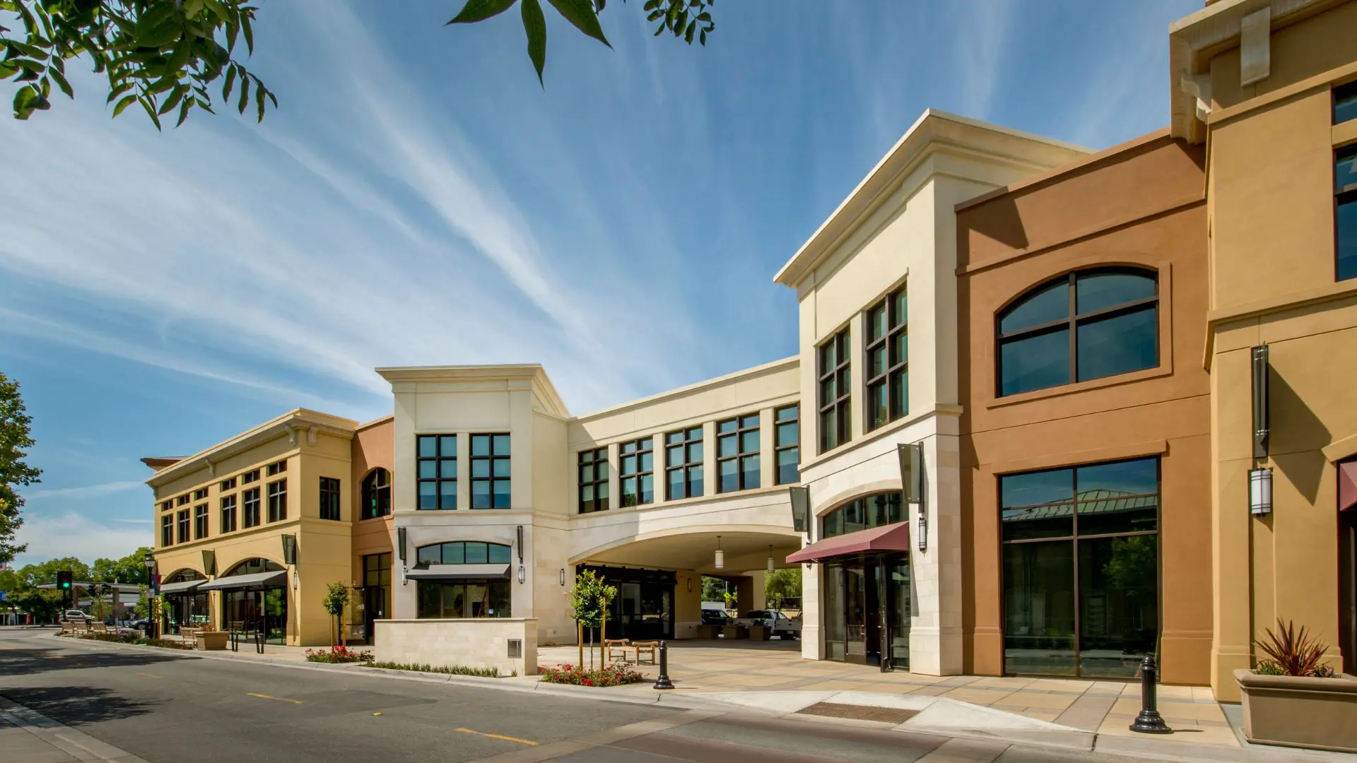 Stylish commercial buildings on sunny day